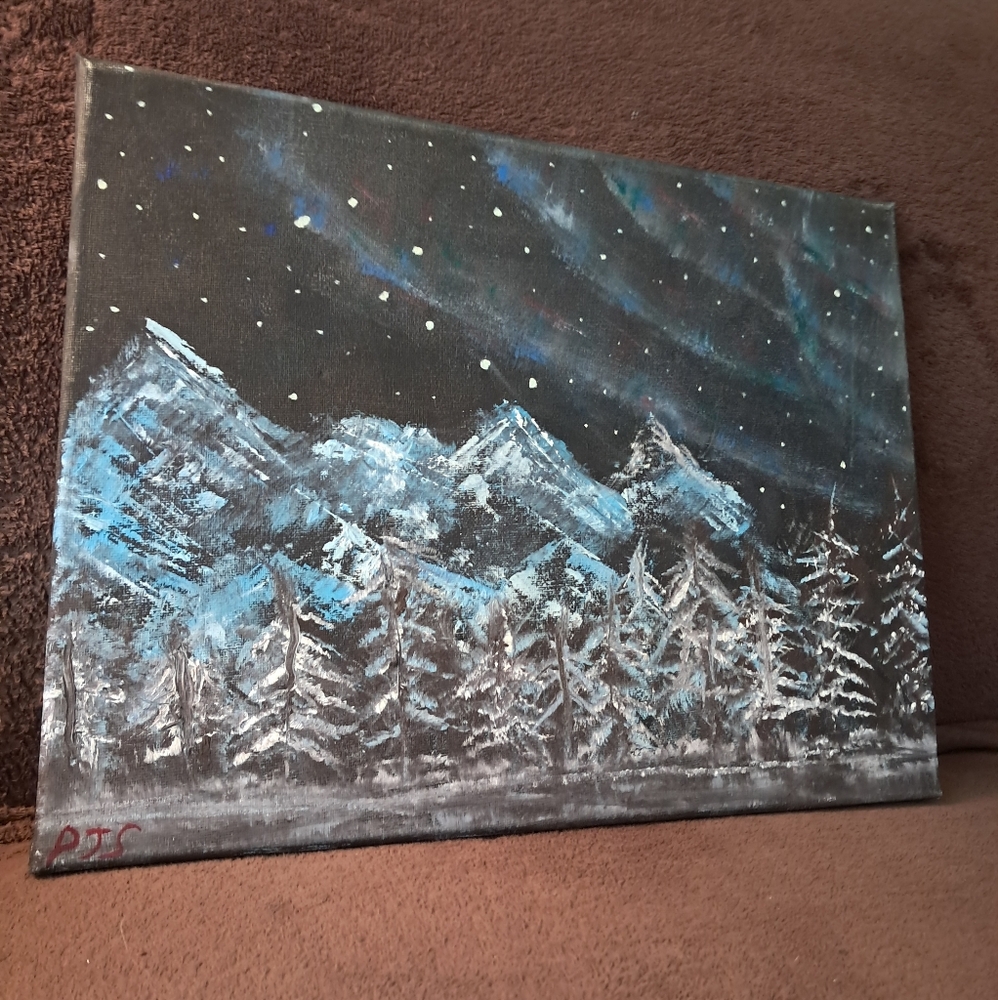 Stary Sky Northen Lights Mountains Dark And Cold Bob Ross Insired Hand Painted